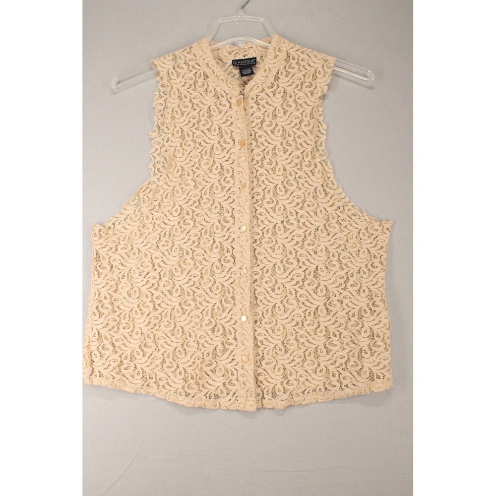 Dialogue Lace Sleeveless Top Women L Beige Cotton Button Front Boho Romantic